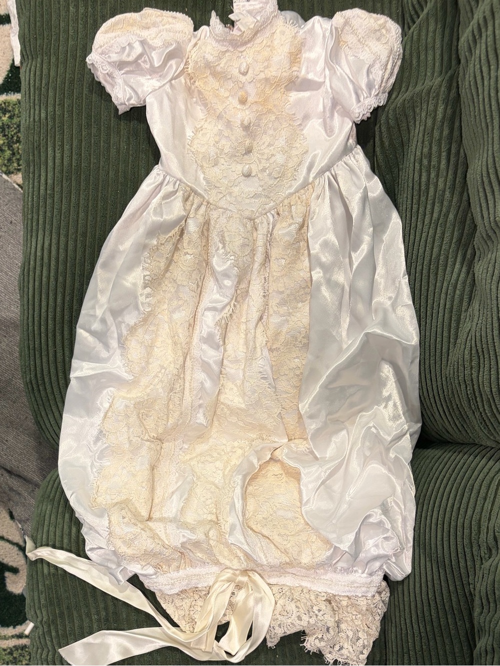 Vintage Ivory Satin & Lace Christening  Gown with shoes and Bonnet